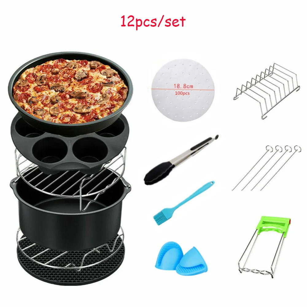 

12pcs/set 7 Inch / 8 Inch Air Fryer Accessories 3.7 - 6.8QT All Airfryer Baking Basket Pizza Plate Grill Pot Kitchen Cooking