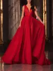 Женское ТРАПЕЦИЕВИДНОЕ платье без рукавов, красное бальное платье с открытой спиной и V-образным вырезом, вечернее платье из тюля со шлейфом, 2022