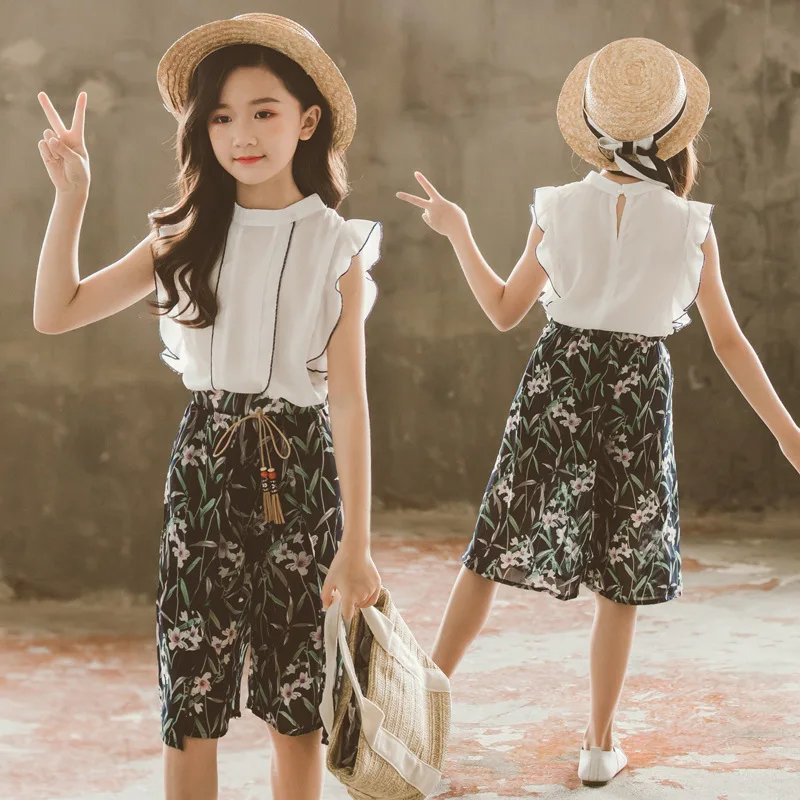 

Children Girls Clothes Set Lace Shirt + Floral Pants 2PCS Girl Summer Clothing Set Fashion Kids Girls Clothes 6 8 10 12 13 Year