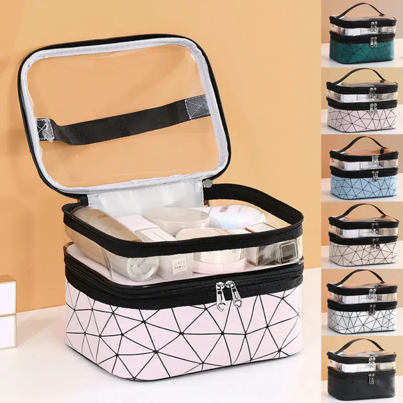 

Fashion Women See Through Diamond Lattice Double Layer Travel Cosmetic Makeup Bags Toiletry Case Pouch Wash Storage Bags Box