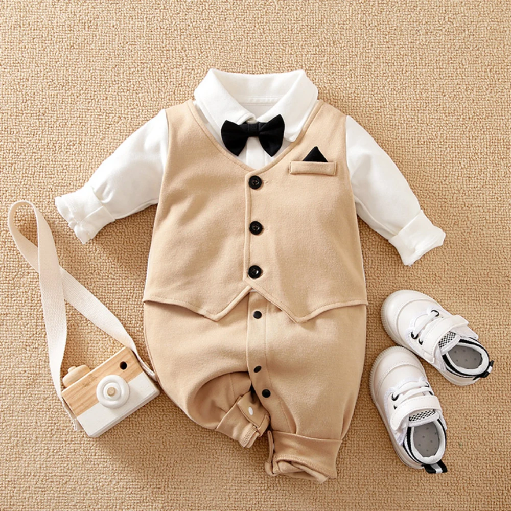 Malapina Newborn Baby Boys Gentleman Formal Suit Romper Clothes Long Sleeve Jumpsuit Bow Tie Tuxedo Outfit for 0-24M Bebes Gift
