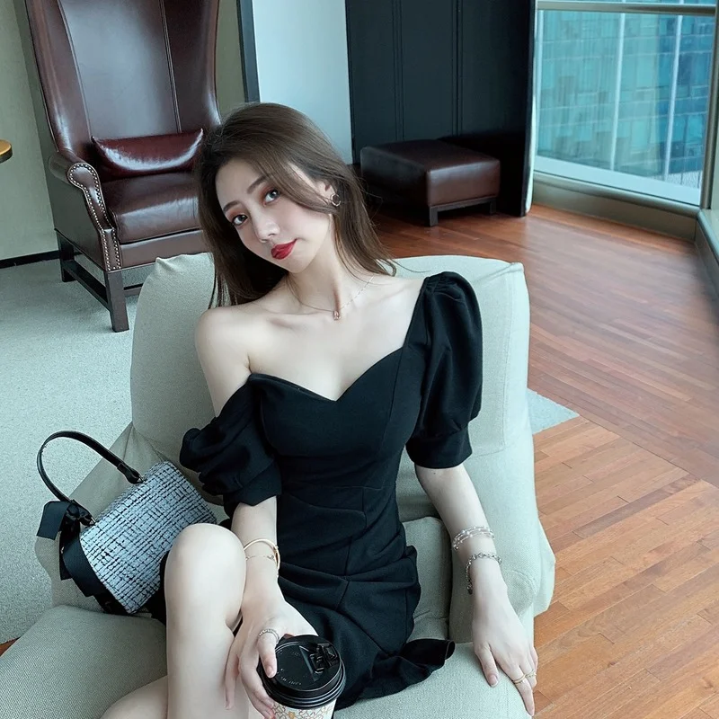 

Summer New Square Collar Puff Short Sleeve Black Dresses Party A-line High Waist Fashion Brand Mermaid Mini Dress Women Clothes