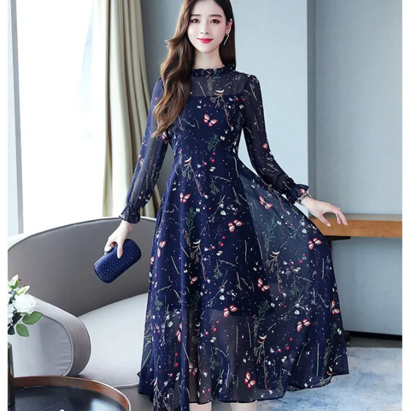 

Early spring autumn dress 2020 new women's chiffon dress long sleeves temperament lady elegant lace floral Vestidos A740