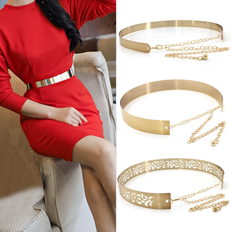 Модный регулируемый металлический широкий шикарный пояс золотого и серебряного