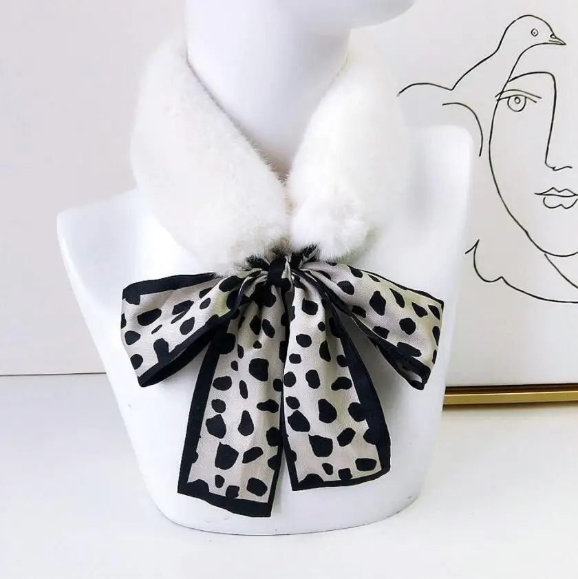 Long Skinny Silk Leopard Letters Printed Hair Head Scarf with Winter Warm Faux Fur Neck Collar Scarves for Women Foular 2021 New