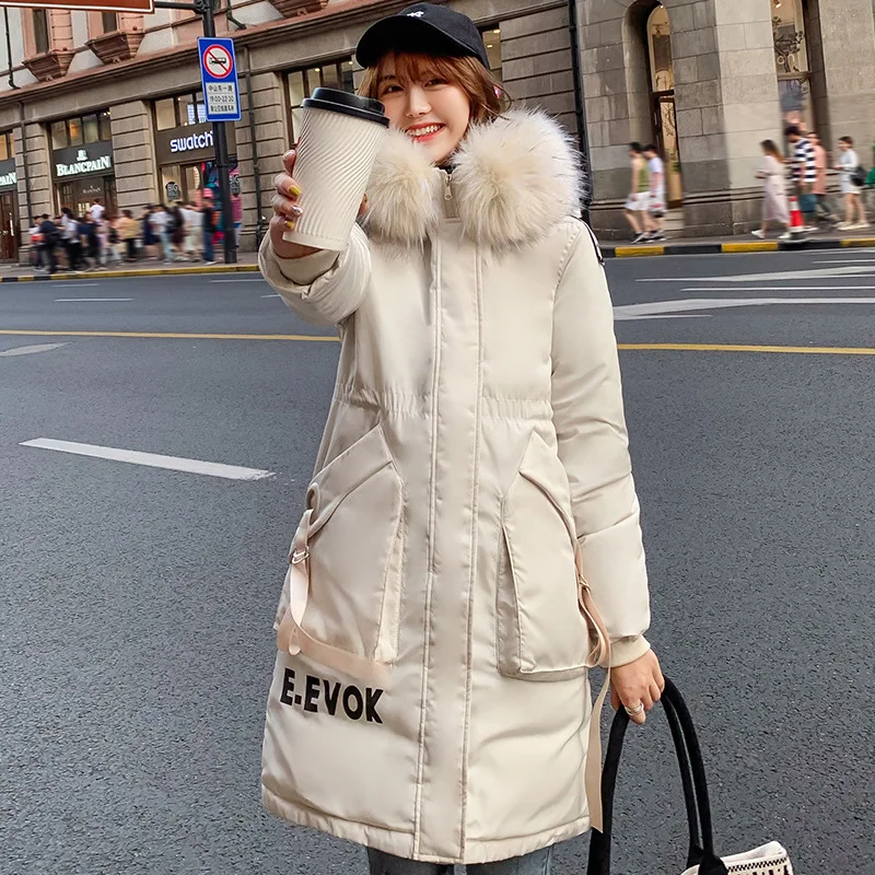 Thick women long jacket casual fashion warm cotton winter parka women big pocket fur collar hooded female coat outwear