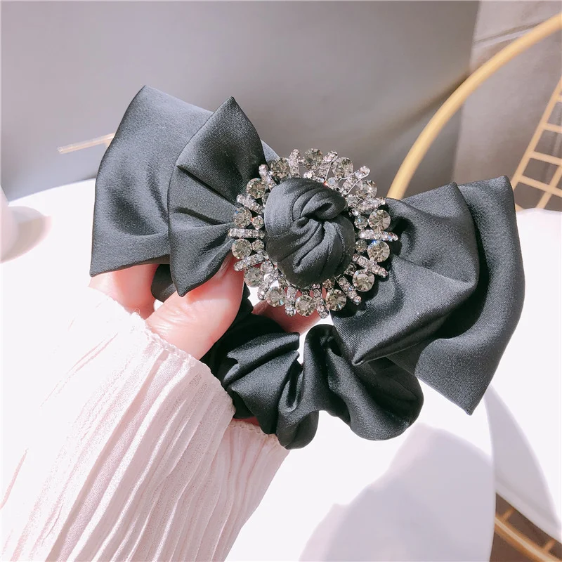 

2021 New Korean Style Elegant Girl Hair Rope Satin Bow Rhinestone Fabric Rubber Band for Women Fashion Hair Accessories