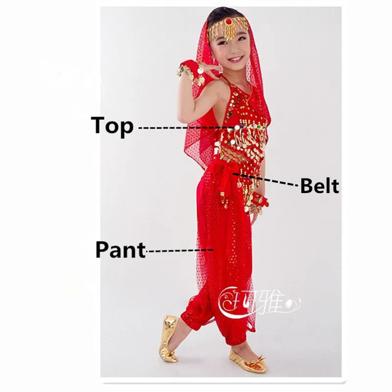 Red 3PCS Детский костюм для танца живота, карнавал, Египетский костюм с поясом, детская одежда для индийского танца, одежда для девочек, комплект одежды для танца живота для выступлений в Болливуде - Цвет: Red 3PCS