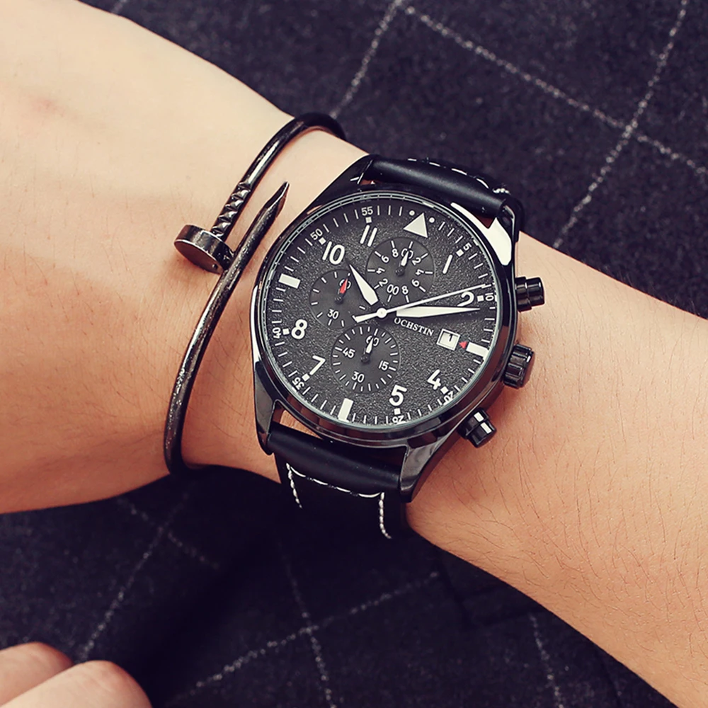 Дешево Часы-хронограф мужские Кварцевые водонепроницаемые с кожаным ремешком