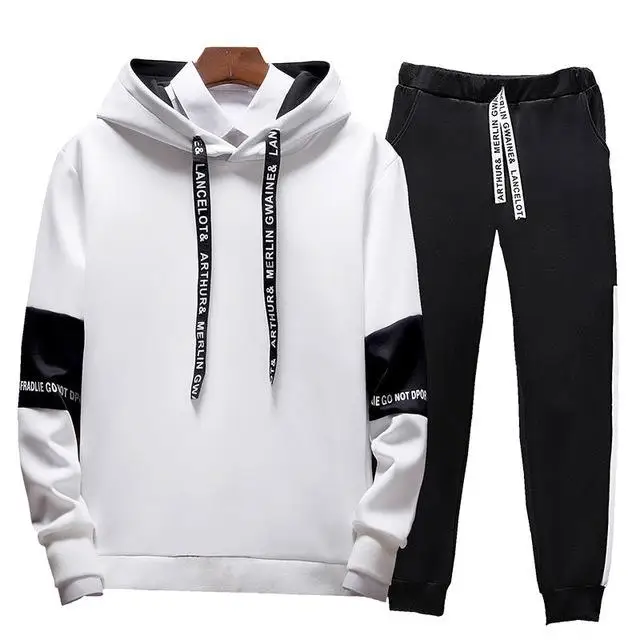 White-black Новая брендовая одежда, мужские повседневные толстовки, пуловер, хлопковый мужской спортивный костюм, толстовки с капюшоном из двух частей+ штаны, спортивные рубашки, осенне-зимний комплект - Цвет: White-black