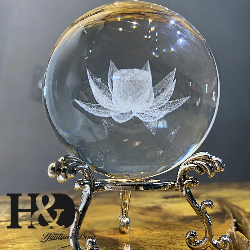 H&D 60 мм 3D шар лазерный хрустальный шар с гравировкой стекло художественное ремесло миниатюрная Сфера домашний Декор Аксессуары Рождественский подарок металлическая подставка