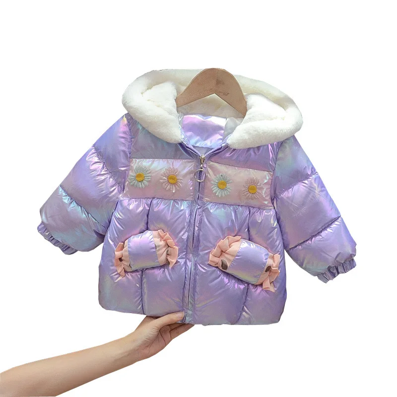 

Children's Cotton Padded Jacket New Winter Wear Girls Hooded Zipper Warm Down Jacket Baby Bright Face Down Jacket 1-5 Years