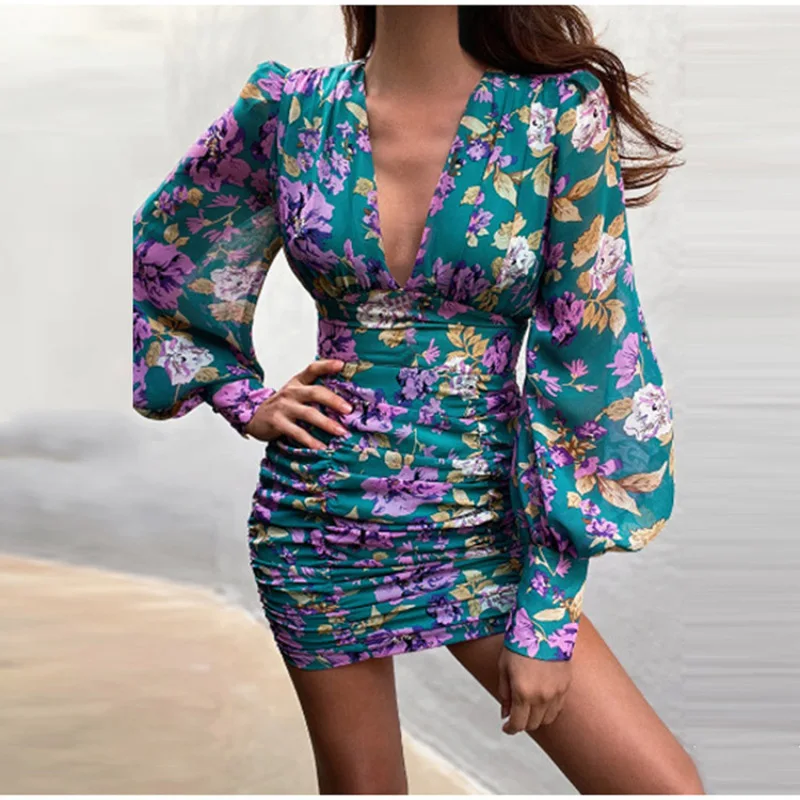 

Lantern Long Sleeve Sexy Mini Dress V Neck Large Size Multicolor Floral Slim Pleated Hip Dresses Women Spring Autumn Clothes
