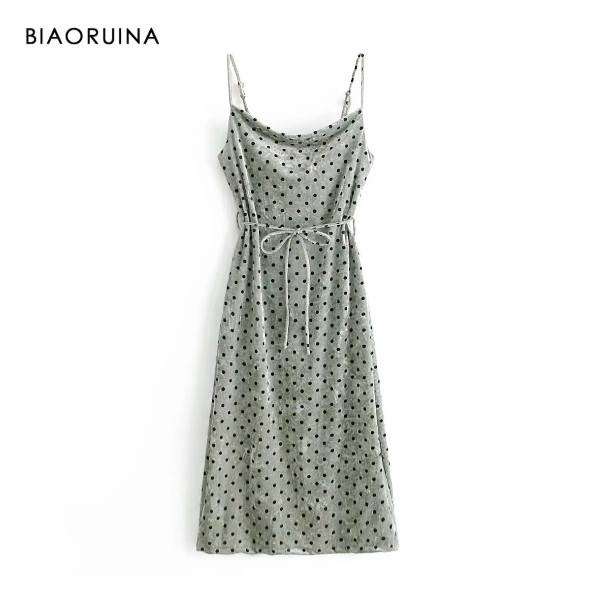 

BIAORUINA Women's Velour Polka Dot High Waist Long Dress with Sashes Boat Neck Female Holiday Style Fashion Midi Dress Vestido