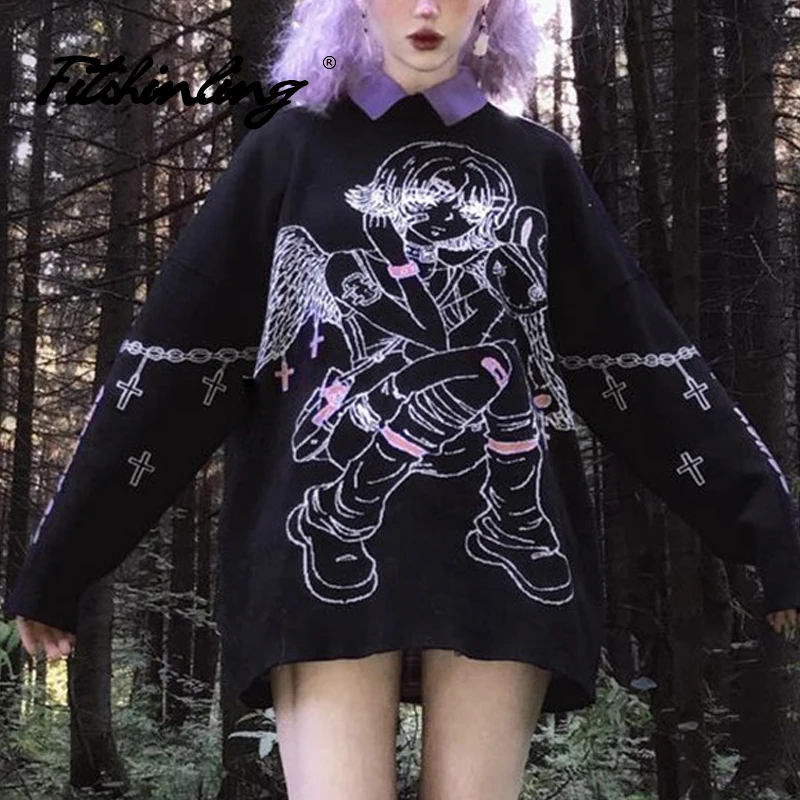 

Толстовка Fitshinling Goth с отложным воротником, свободное худи с принтом в стиле аниме, оверсайз, темная Повседневная Уличная одежда в готическом...