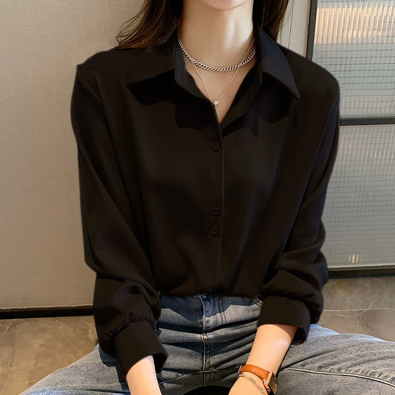 

New Black Single Breasted Lapel Chiffon Shirts Women Design Lightweight Long Sleeve OL Blouses Spring Pink Top Oversized Clothes