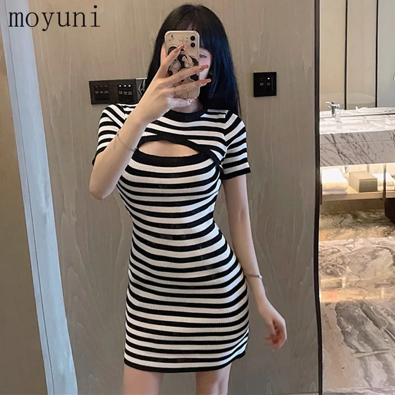

Женское летнее трикотажное платье, Привлекательная юбка в полоску с коротким рукавом, облегающая юбка на бедрах