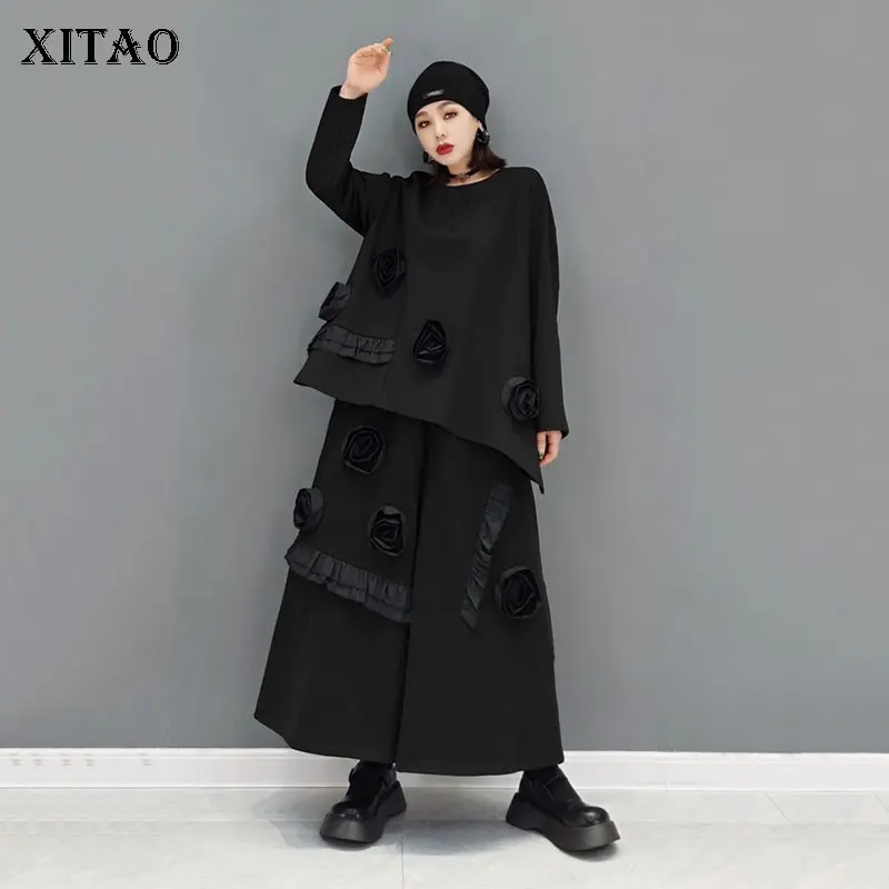

XITAO/черные женские комплекты со штанами, объемные цветы, комбинированные, декорированные, свободные, модные, большие размеры, юбка-брюки, кос...
