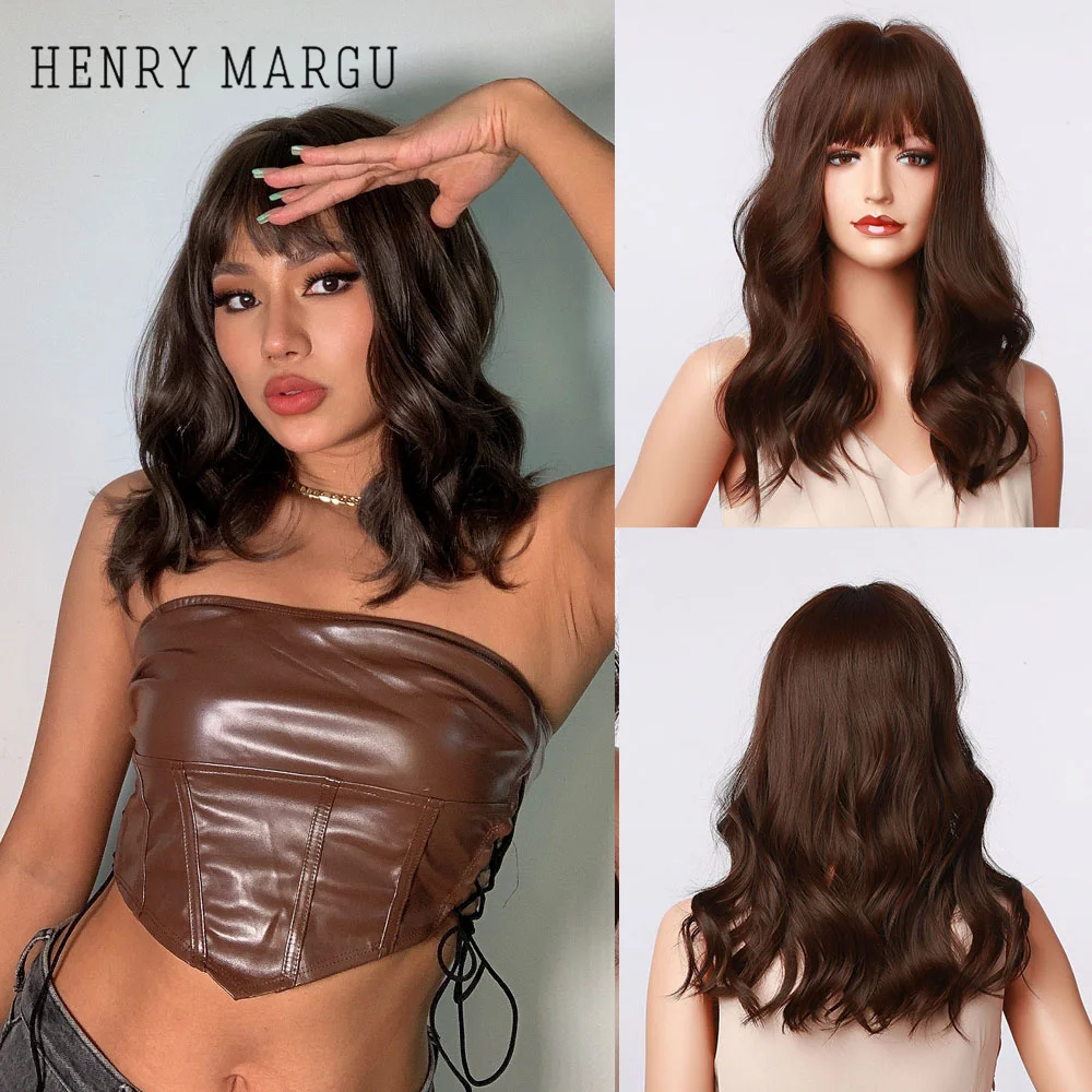 

HENRY MARGU Black Brown Medium Long Natural Wave Synthetic Bob Wig with Bangs for Black Women Afro Cosplay High Temperature Hair