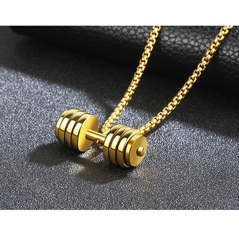 Men's Stainless Steel Dumbbell Necklace Gold Silver Pendant Long Chain Bodybuilding Hip Hop Jewelry image 6