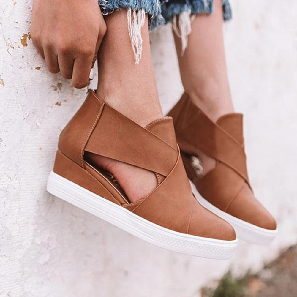 Женские кожаные ботинки на платформе Повседневные ботильоны молнии с вырезами