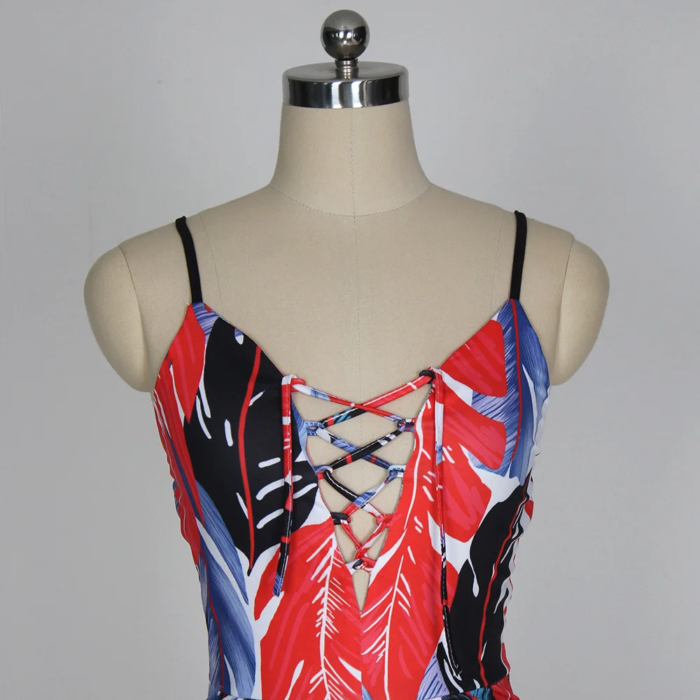 Элегантный женский пляжный комбинезон с открытой спиной на шнуровке принтом в