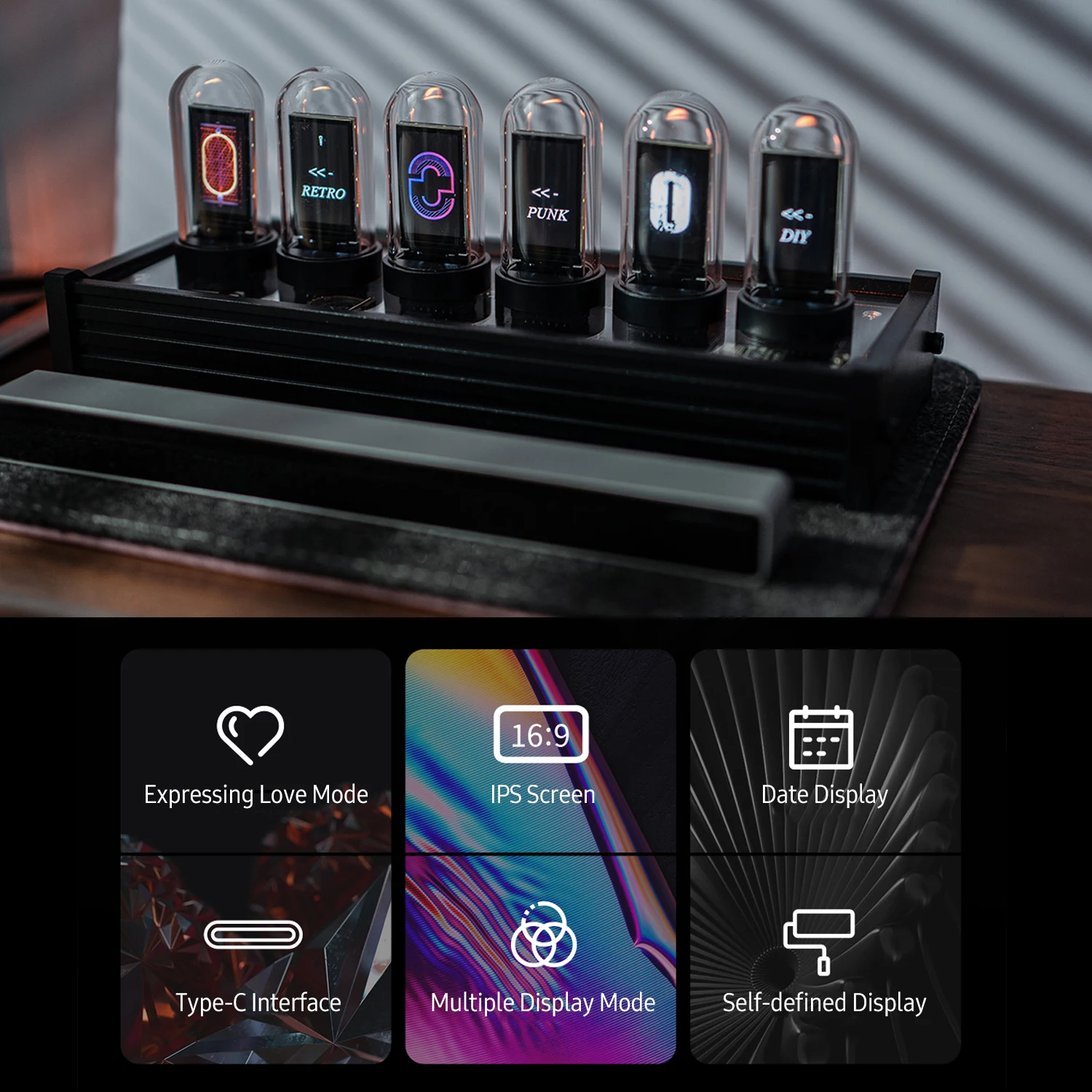 

RGB LED Tube Clock Vintage Digital Nixie Clock 6 Bit Time Photo Display Retro Desk Clock IPS Module and Glass Dome Decoration