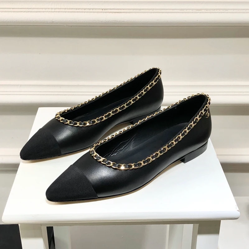 

prowow Metal Chain Woman Shoes Low Heel Genuine Leather Pointed Toe Ladies Sandals Color Matching Luxury Designer