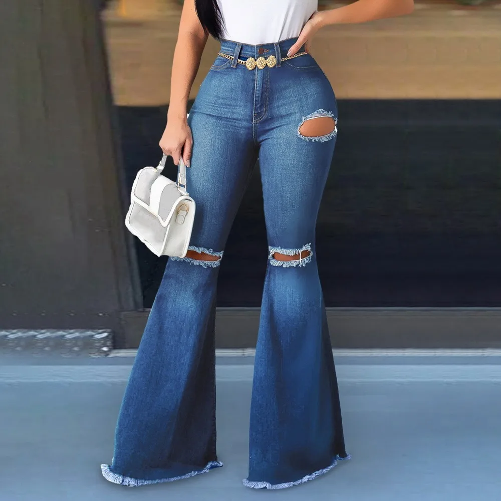 

Women Jeans Pants Leisure Loose High Waist Hole Vintage wide leg jeans Women Jean Korean Style All-match Simple Full-length