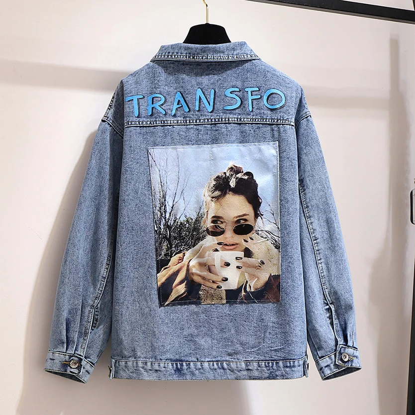 

Spring Autumn Women's Jackets New Korean Casual Plus Size Loose Cowboy Outerwear Female Winter Patch Printed Denim Jacket Coats