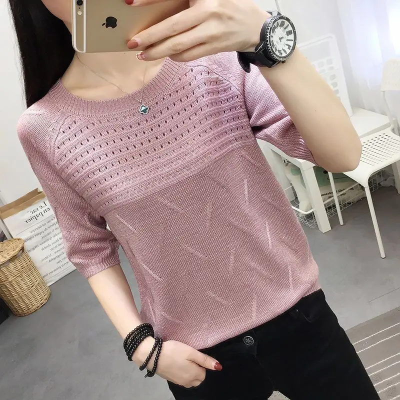 

2022 Woman Sweaters Pullover Summer Knitted T-shirt Short-Sleeved Women's Loose Hollow Top Femme