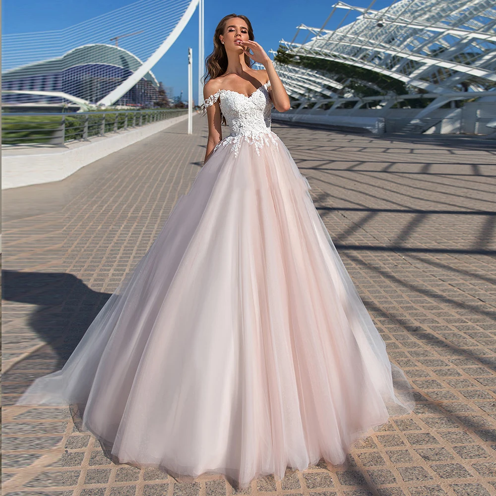 

Booma Lace Appliques Wedding Dress Ball Gown 2019 Soft Tulle Sweetheart Off Shoulder Beach Boho Pink Lacing Bridal Gowns