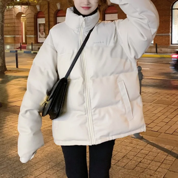 Women's Winter Jacket Parkas Female Students Simple Fashion Black PU Leather Bread Clothes Korean Loose Thickened Student Jacket