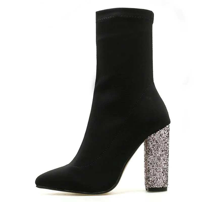 Женские ботильоны из эластичной ткани с острым носком и блестками короткие