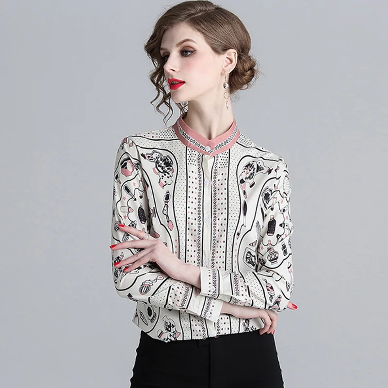 

Women Spring Autumn Long-Sleeved Shirt European Style Stand-Up Collar Single-Breasted Cartoon Print Sweet Commuter Office Blouse