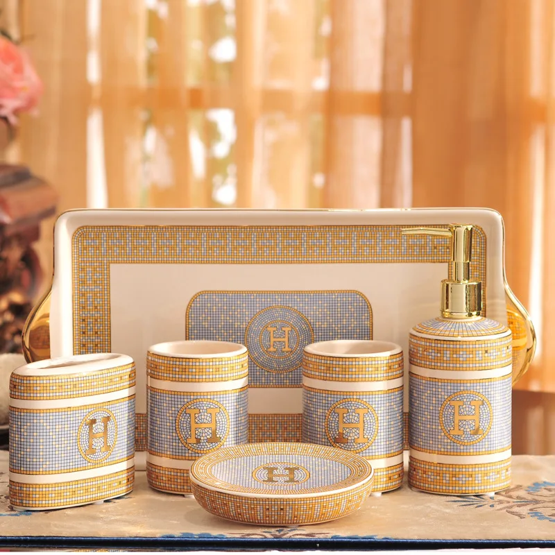 luxury golden ceramics bathroom accessory set porcelain soap dispenser couple wash suit pump bottle tooth frame holder mouth cup free global shipping