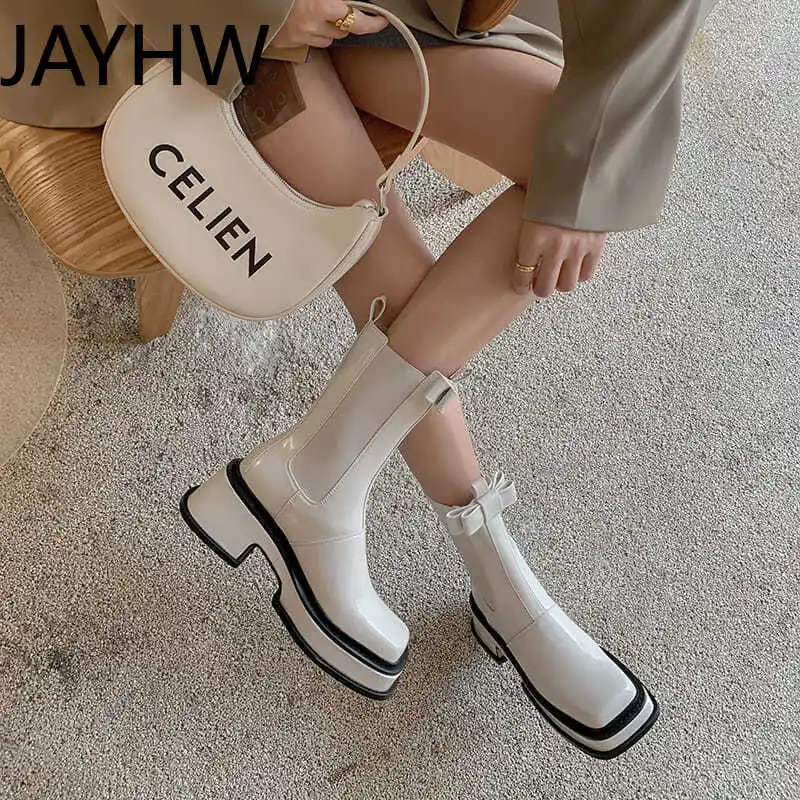 

Женские сапоги в британском стиле, новинка 2021, дымовые сапоги с бантом, увеличивающие рост сапоги Челси на толстой подошве, сапоги до бедра, ...