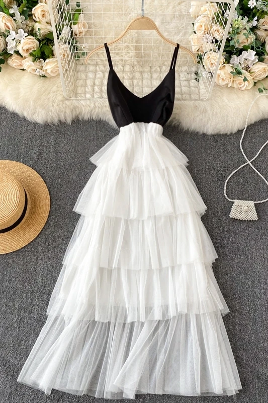 

Banquet Dress Skirt Sexy Backless Sling Feeling Contrast Color Stitching Sweet Cake Skirt Mesh Dress Female