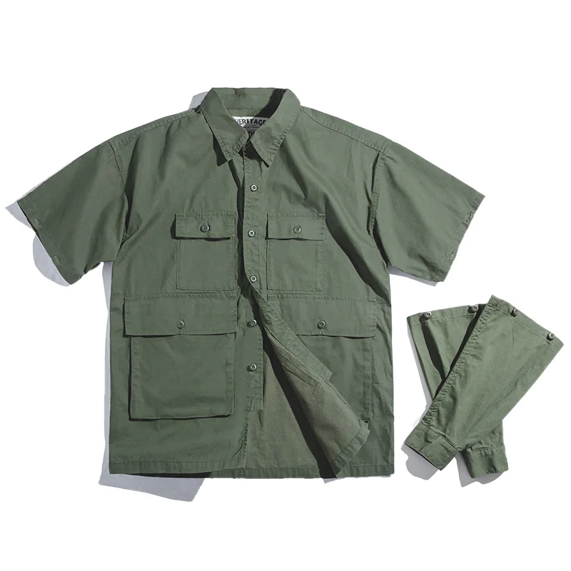 Maden Men's Retro Army Green Detachable Sleeve Shirt Vintage Big Pocket Shirt Men