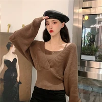 2021 autumn korean version waist waist was thin fake two off shoulder long sleeved sweater short v neck sweater ladies sweater