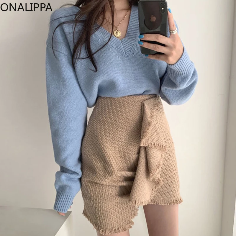 

Onalippa Women Korea Sets 2021 Early Autumn Elegant V-Neck Puff Sleeve Knitted Sweater High Waist Irregular Stitching Skirt Suit