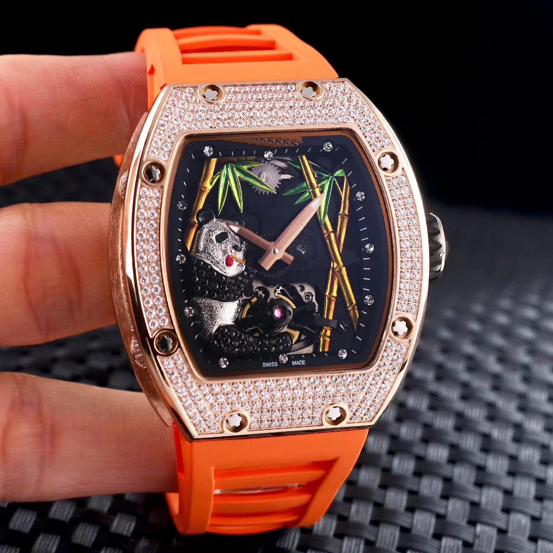 

Classic New Men Automatic Mechanical Skeleton Rose Gold Black Rubber Panda Iced Diamonds Stainless Steel Watch Tourbillion