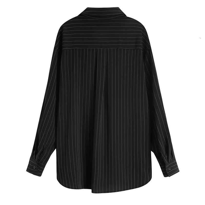 

Bandage Loose Fit Shirt Fashion Tide Spring Autumn 2021 Women Black Striped Big Size Blouse New Lapel Long Sleeve