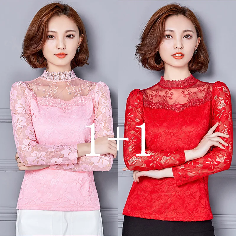 Femininas Blusas, женские блузки, весна-осень, модные сексуальные облегающие Рубашки, Топы, кружевные, с длинным рукавом, с круглым вырезом, для отдыха, черные/белые S-5XL - Цвет: Pink-Red