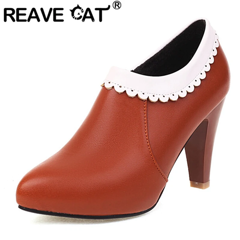 

REAVE CAT 2022 Women Pumps Pointed Toe Spool Heels Zipper Lace Edge Splice Concise Big Size 33-43 Red Black Yellow Spring S3086