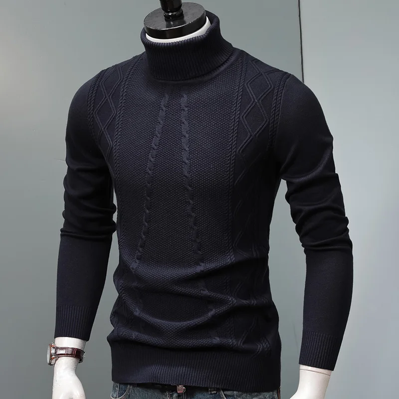 Turtleneck Sweater Men Winter Clothes Fashion Geometric Coarse Wool Knitted Jersey