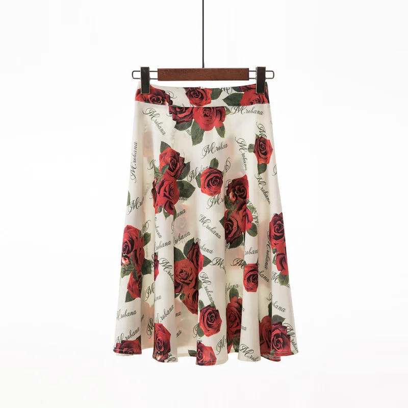 

2020 Women Summer Floral Print A-line Midi Skirt Elegant Office Lady Knee Length Streetwear Vintage Retro Bottom Skirts