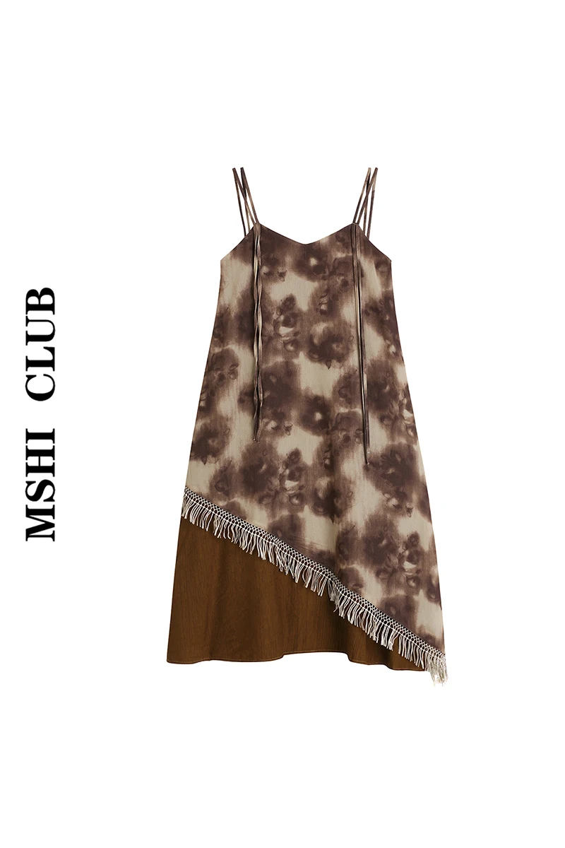 

Irregular Tassel Printed Dress V-neck Strap Skirt Summer Slimming Loose Long Dress