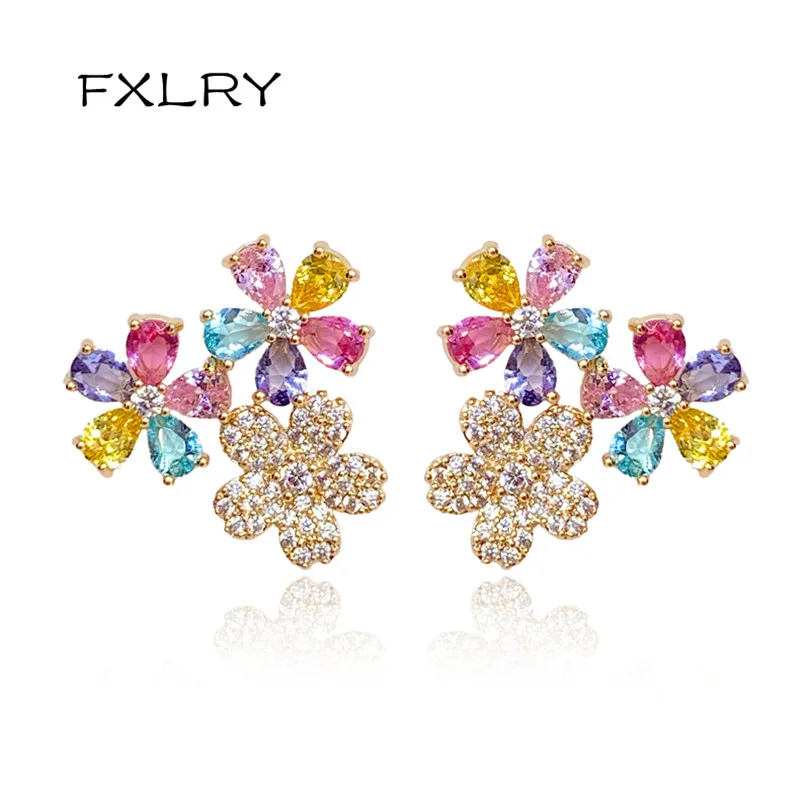 

FXLRY Fashion Creative Color Zircon Cubic Zircon Lovely Sweety Flower Stud Earrings For Women Jewelry