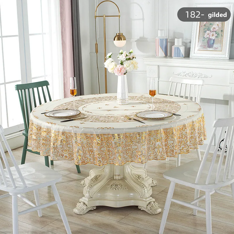 

European Style Round Tablecloth Gilded Floral PVC Waterproof Oilproof Table Cloth Wedding Party Decor Dining Table Cover R180cm